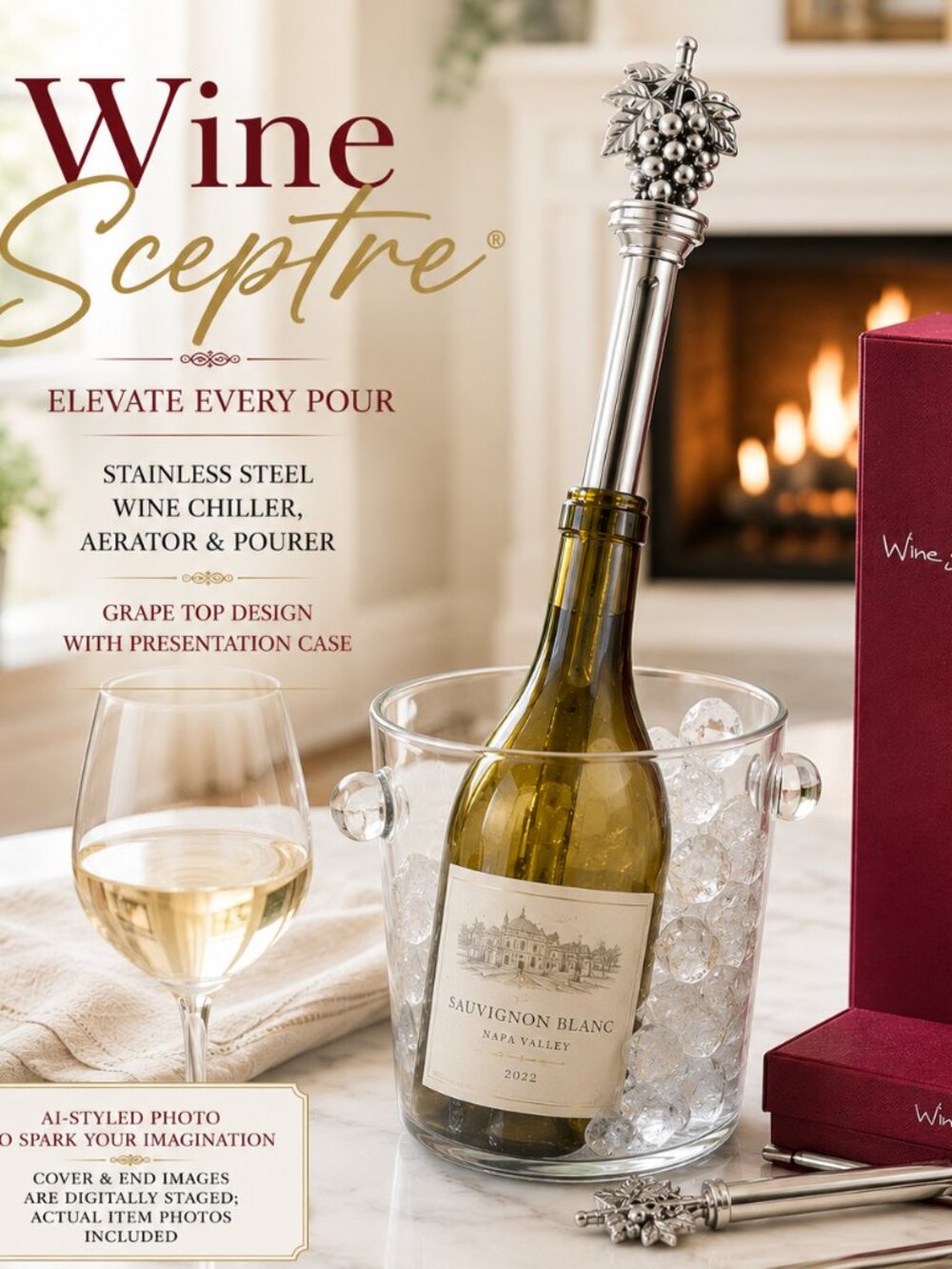 Wine Sceptre Grape Top Stainless Wine Chiller Aerator Pourer w/ Case